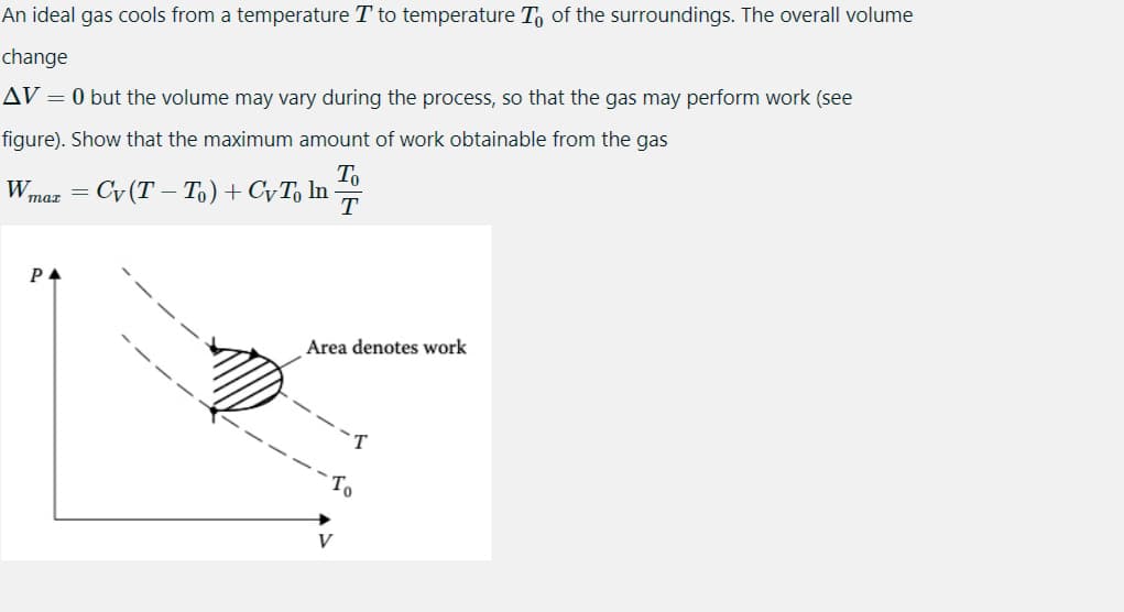 An ideal gas cools from a temperature T to temperature To of the surroundings. The overall volume
change
AV = 0 but the volume may vary during the process, so that the gas may perform work (see
figure). Show that the maximum amount of work obtainable from the gas
To
W max =
Cv (T-To) + Cy To In
T
P
Area denotes work
-Io