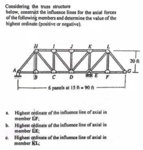 Considering the truss structure
below, construct the influence lines for the axial forces
of the following members and determine the value of the
highest ordinate (positive or negative).
C D
-6 panels at 15 ft = 90 ft
Highest ordinate of the influence line of axial in
member LF;
a.
b. Highest ordinate of the influence line of axial in
member LE;
c.
Highest ordinate of the influence line of axial in
member KL
20 ft
bol