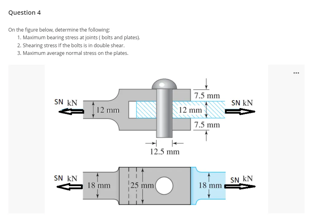 Question 4
On the figure below, determine the following:
1. Maximum bearing stress at joints ( bolts and plates).
2. Shearing stress If the bolts is in double shear.
3. Maximum average normal stress on the plates.
7.5 mm
SN kN
SN kN
12 mm
12 mm
7.5 mm
12.5 mm
SN kN
SN kN
18 mm
18 mm
mm
