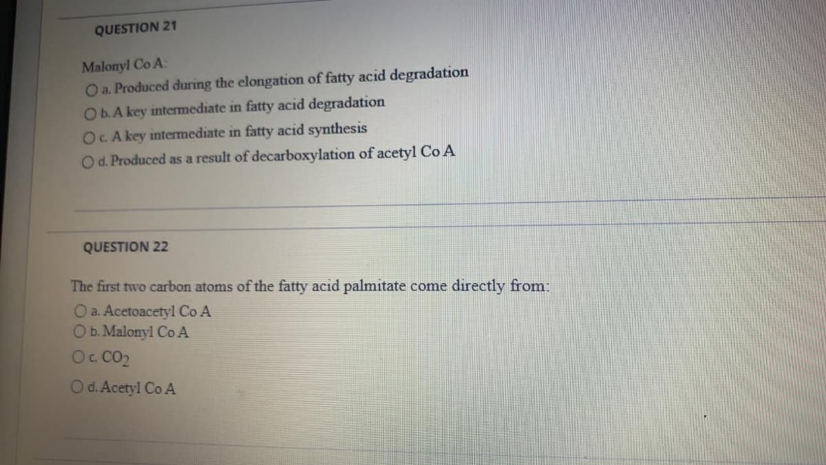 QUESTION 21
Malonyl Co A:
O a. Produced during the elongation of fatty acid degradation
Ob.A key intermediate in fatty acid degradation
OCA key intermediate in fatty acid synthesis
Od. Produced as a result of decarboxylation of acetyl Co A
QUESTION 22
The first two carbon atoms of the fatty acid palmitate come directly from:
O a. Acetoacetyl Co A
Ob. Malonyl Co A
Oc. CO2
O d. Acetyl Co A
