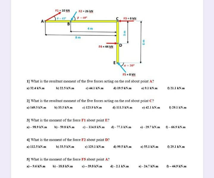 F1 = 10 kN
F2 = 26 kN
0-45"
B- 60
F3 = 8 kN
4 m
8m
F4 = 44 kN
El
a= 30°
F5= 8 kN
1] What is the resultant moment of the five forces acting on the rod about point A?
a) 32.4 kN.m
b) 22.5 kN.m
e) 44.1 kN.m
d) 19.5 kN.m
e) 9.1 kN.m
) 21.1 kN.m
2] What is the resultant moment of the five forces acting on the rod about point C?
e) 123.9 kN.m
a) 149.5 kN.m
b) 33.5 kN.m
d) 111.5 kN.m
e) 42.1 kN.m
) 29.1 kN.m
31 What is the moment of the force F1 about point E?
c) - 114.8 kN.m
a) – 98.9 kN.m
b) - 59.8 kN.m
d) - 77.1 kN.m
e) - 29.7 kN.m
f) - 66.9 kN.m
4] What is the moment of the force F2 about point D?
a) 112.5 kN.m
b) 33.5 kN.m
e) 129.1 kN.m
d) 99.5 kN.m
e) 55.1 kN.m
H 29.1 kN.m
5] What is the moment of the force F5 about point A?
a) – 9.6 kN.m
b) - 18.8 kN.m
c) - 39.8 kN.m
d) - 2.1 kN.m
e) - 24.7 kN.m
f) - 44.9 kN.m
