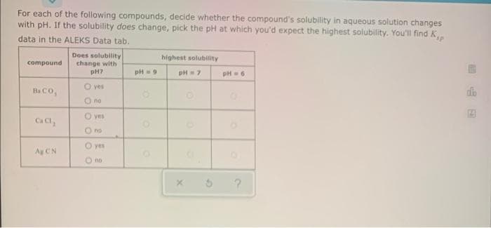 For each of the following compounds, decide whether the compound's solubility in aqueous solution changes
with pH. If the solubility does change, pick the pH at which you'd expect the highest solubility. You'll find Kp
data in the ALEKS Data tab.
compound
Ba CO,
CaCl₂
A CN
Does solubility
change with
PH?
O yes
O no
O yes
O no
O yes
OO
no
pH = 9
highest solubility
pH = 7
pH = 6