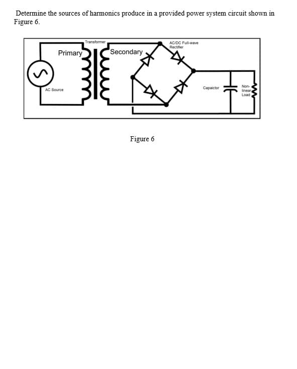 Determine the sources of harmonics produce in a provided power system circuit shown in
Figure 6.
Primary
AC Source
Transformer
Secondary
Figure 6
AC/DC Full-wave
Rectifier
Capaictor
HE
Non-
Snear,
Load