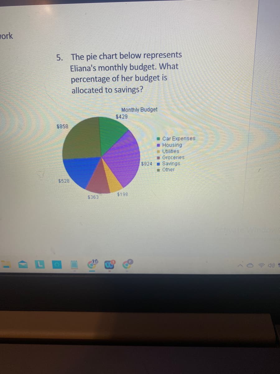 ### Understanding Monthly Budgets: Eliana's Example

#### Problem Statement:
The pie chart below represents Eliana's monthly budget. What percentage of her budget is allocated to savings?

#### Pie Chart Explanation:
The pie chart illustrates the distribution of Eliana's monthly expenses in different categories. Each colored section of the chart corresponds to a specific category of expenditure, along with the monetary value. Below is a detailed breakdown of the categories and their allocations:

1. **Car Expenses - $429**
   - Color: Green

2. **Housing - $924**
   - Color: Purple

3. **Utilities - $198**
   - Color: Yellow

4. **Groceries - $528**
   - Color: Blue

5. **Savings - $858**
   - Color: Dark Green

6. **Other - $363**
   - Color: Orange

#### Analyzing Savings:
The savings portion is represented by the dark green section of the pie chart. The amount allocated for savings is $858. To determine the percentage of the budget that goes to savings, we need to calculate the total monthly budget and then find the percentage that $858 represents.

### Calculation:
1. **Total Monthly Budget = Sum of All Categories**
   - Total Budget = $429 (Car Expenses) + $924 (Housing) + $198 (Utilities) + $528 (Groceries) + $858 (Savings) + $363 (Other)
   - Total Budget = $3300

2. **Percentage of Budget Allocated to Savings**
   - Savings Percentage = (Savings Amount / Total Budget) * 100
   - Savings Percentage = ($858 / $3300) * 100
   - Savings Percentage ≈ 26%

Therefore, **approximately 26% of Eliana's monthly budget is allocated to savings**. This detailed categorization helps in understanding budget management and financial planning.