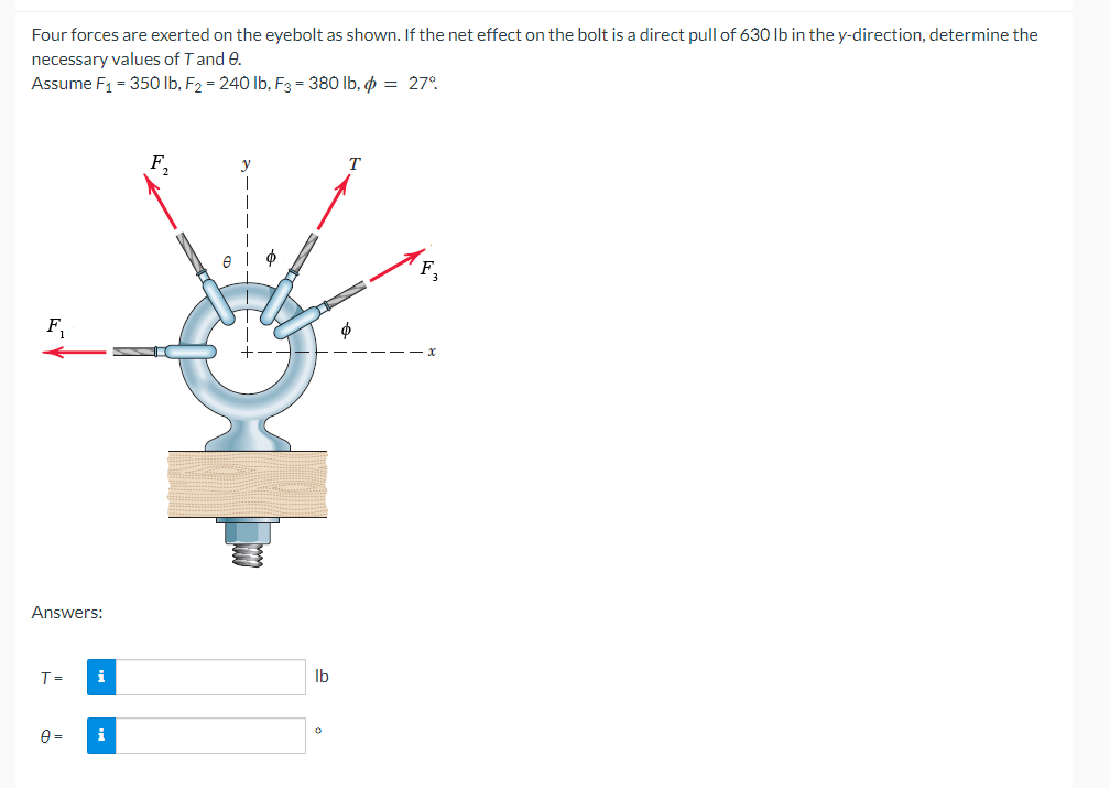 Four forces are exerted on the eyebolt as shown. If the net effect on the bolt is a direct pull of 630 lb in the y-direction, determine the
necessary values of T and 0.
Assume F₁ = 350 lb, F₂ = 240 lb, F3 = 380 lb, p = 27°
T
F₁
Answers:
T=
i
0=
i
lb
Ф
F3