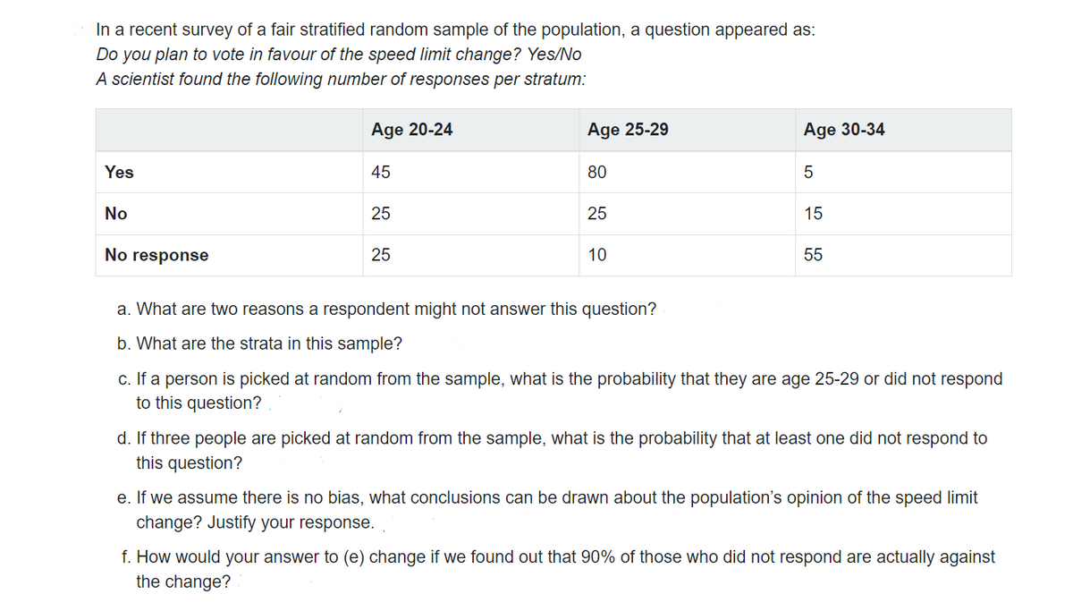 In a recent survey of a fair stratified random sample of the population, a question appeared as:
Do you plan to vote in favour of the speed limit change? Yes/No
A scientist found the following number of responses per stratum:
Yes
No
No response
Age 20-24
45
25
25
Age 25-29
80
25
10
a. What are two reasons a respondent might not answer this question?
b. What are the strata in this sample?
Age 30-34
5
15
55
c. If a person is picked at random from the sample, what is the probability that they are age 25-29 or did not respond
to this question?
d. If three people are picked at random from the sample, what is the probability that at least one did not respond to
this question?
e. If we assume there is no bias, what conclusions can be drawn about the population's opinion of the speed limit
change? Justify your response.
f. How would your answer to (e) change if we found out that 90% of those who did not respond are actually against
the change?