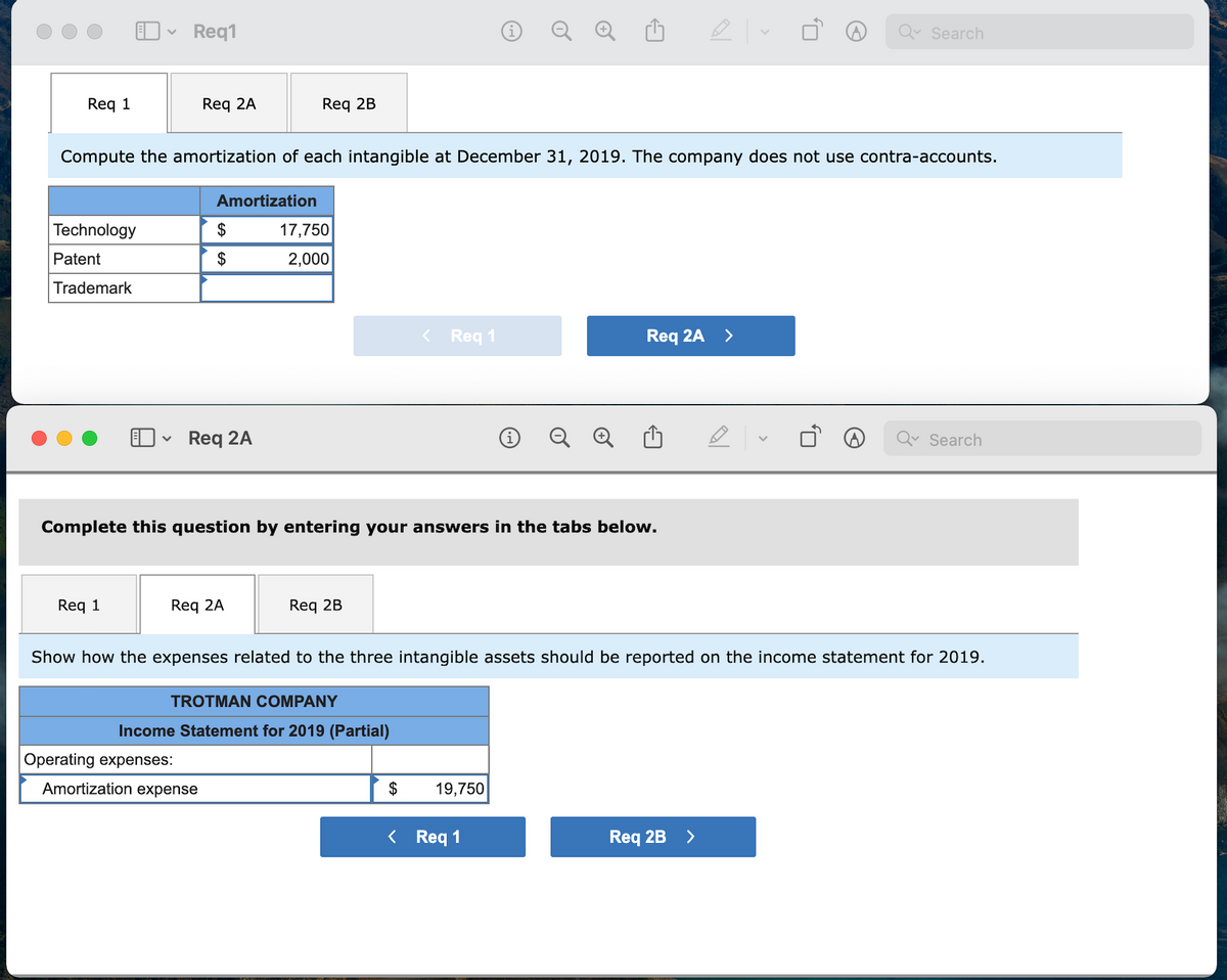 Req1
Q Search
Req 1
Req 2A
Req 2B
Compute the amortization of each intangible at December 31, 2019. The company does not use contra-accounts.
Amortization
Technology
$
17,750
Patent
2$
2,000
Trademark
< Req 1
Req 2A
>
Req 2A
Q Q
Qv Search
Complete this question by entering your answers in the tabs below.
Req 1
Req 2A
Req 2B
Show how the expenses related to the three intangible assets should be reported on the income statement for 2019.
TROTMAN COMPANY
Income Statement for 2019 (Partial)
Operating expenses:
Amortization expense
$
19,750
< Req 1
Req 2B >
