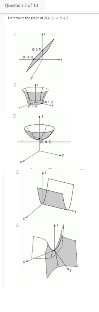 Question 7 of 10
Determine the graph of f(x, v) = y + 1.
(0. 0. 1),
(0. -1. 0)
0. 1, 0)
71.0.0)
|(0, û, 1)
