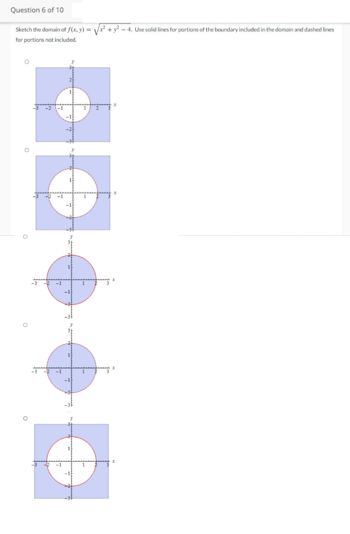 Question 6 of 10
Sketch the domain of f(x, y) = / +v - 4. Use solid lines for portions of the boundary included in the domain and dashed lines
for portions not included.
