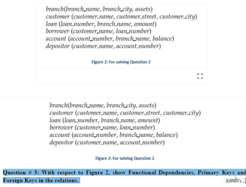 branch(branch_name, branch_city, assets)
customer (customer.name, customer street, customer_city)
loan (loan number, branch_name, amount)
borrower (customer name, loan_number)
account (account_number, branchrame, balance)
depositor (customer.name, account number)
Figure 2: For solving Question 2
branch(branch_name, branch_city, assets)
customer (customer_name, customer street, customer.city)
loan (loannumber, branch.name, amount)
borrower (customername, loan_number)
account (account_number, branch name, balance)
depositor (customer name, account number)
Figure 2: For solving Question 2
Question # 3: With respect to Figure 2, show Functional Dependencies, Primary Keys and
Foreign Keys in the relations.
