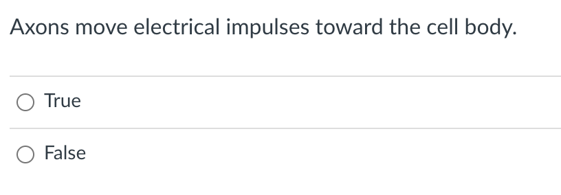 Axons move electrical impulses toward the cell body.
O True
False
