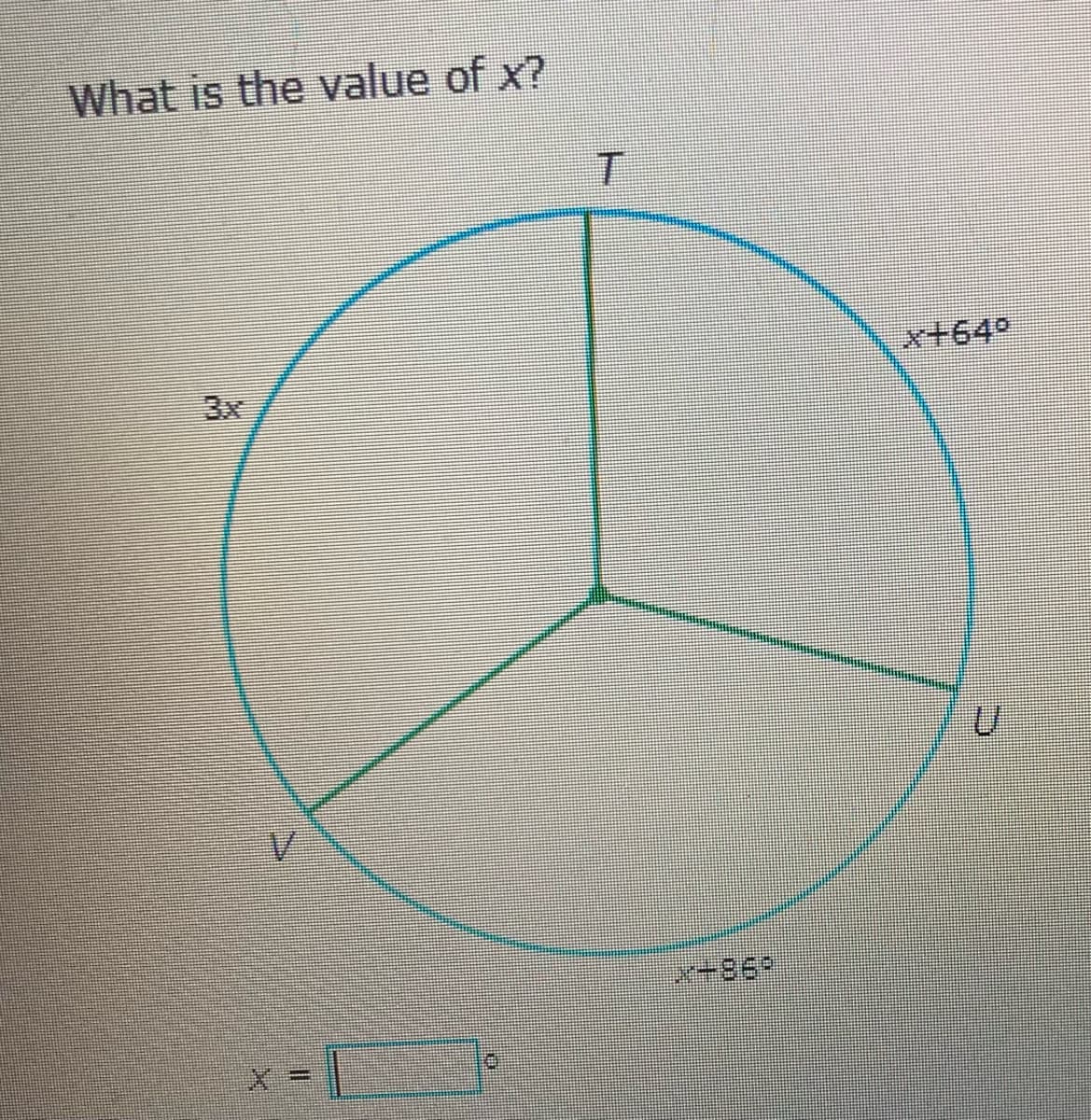 What is the value of x?
V
X=
X-869
x+64°
U