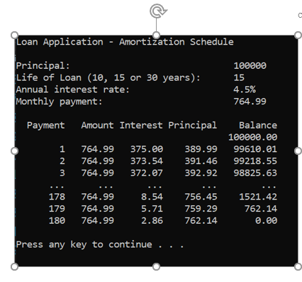 Loan Application - Amortization Schedule
Principal:
Life of Loan (10, 15 or 30 years):
Annual interest rate:
Monthly payment:
100000
15
4.5%
764.99
Payment Amount Interest Principal
Balance
100000.00
1 764.99
375.00
389.99
99610.01
2
764.99
373.54
391.46
99218.55
3
764.99
372.07
392.92
98825.63
178
764.99
8.54
756.45
1521.42
179
764.99
5.71
759.29
762.14
180
764.99
2.86
762.14
e.00
Press any key to continue .
