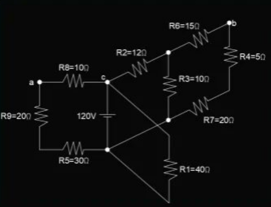 R6=150
R2=120
R4=50
R8=100
C.
R3=100
a
R9=200
120V
R7=200
R5=300
R1=400
ww
