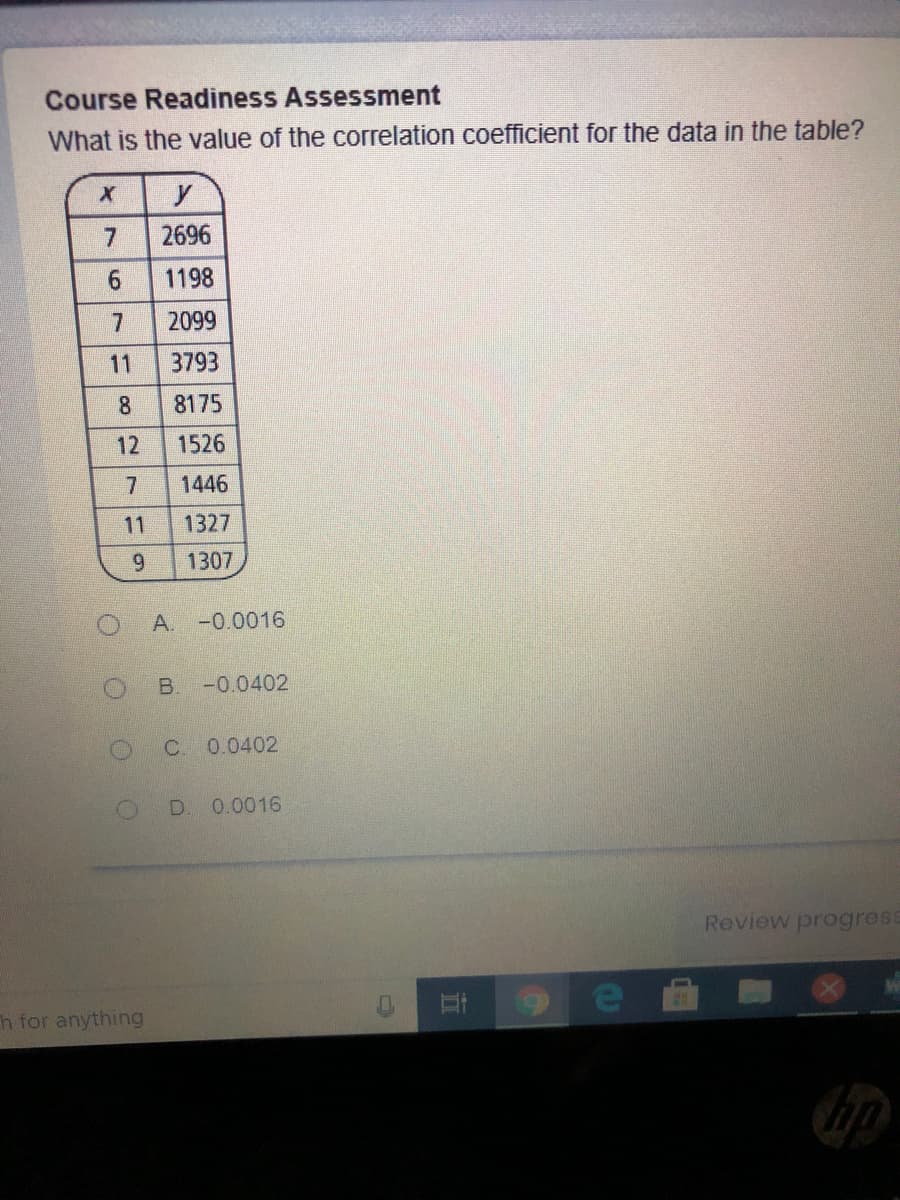 Course Readiness Assessment
What is the value of the correlation coefficient for the data in the table?
y
2696
1198
2099
11
3793
8.
8175
12
1526
1446
11
1327
9.
1307
A. -0.0016
B.
-0.0402
C.
0.0402
D.
0.0016
Review progress
h for anything
7.
