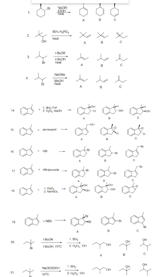 14.
15.
16.
17.
18.
19.
20
21.
1.
2.
3.
4.
ғ
Br
+ +
Br
+
+
OH
Br
+
Br
Br
+ peroxyacid
HBr
NaOEt
EtOH
heat
85% H3PO4
heat
1. BH3-THF
2. H₂O₂. NaOH
t-BuOK
t-BuOH
heat
+ NBS
NAOMe
MeOH
heat
+ HBr/peroxide
1.0804
2. NaHSO3
55°C
1-BuOK
1-BuOH, 75ºc
NaOEI/EtOH
Ю-
A
хо
A
>>
A
A
A
H.H.B.B.H.
в у здоро
Водовозов в
OH
1. BH3
2. H2O. OH
.Br
1. BH3
2. H2O. OH
Дохо до до
кво хохохо
LOH
- с отв
OH
•Br
C
...OH
Br
-Br
Br
Br
Br
8.
.OH
Br
OH
OH
пан при н
OH
A
B
OH
тан зон он