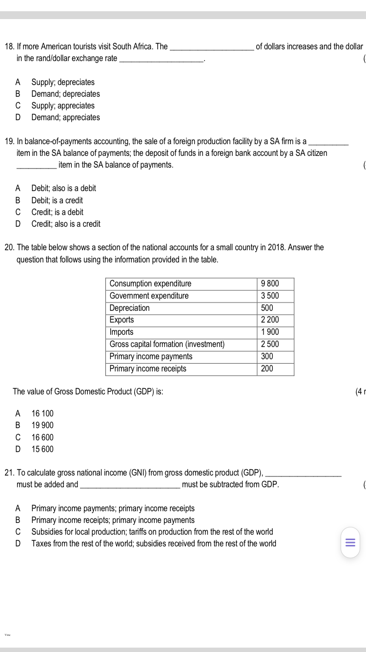 18. If more American tourists visit South Africa. The
of dollars increases and the dollar
in the rand/dollar exchange rate
A Supply; depreciates
Demand; depreciates
C upply; appreciates
Demand; appreciates
19. In balance-of-payments accounting, the sale of a foreign production facility by a SA firm is a
item in the SA balance of payments; the deposit of funds in a foreign bank account by a SA citizen
item in the SA balance of payments.
A
Debit; also is a debit
В
Debit; is a credit
C
Credit; is a debit
D
Credit; also is a credit
20. The table below shows a section of the national accounts for a small country in 2018. Answer the
question that follows using the information provided in the table.
9 800
Consumption expenditure
Government expenditure
3 500
Depreciation
Exports
Imports
Gross capital formation (investment)
Primary income payments
Primary income receipts
500
2 200
1 900
2 500
300
200
The value of Gross Domestic Product (GDP) is:
(4r
A
16 100
B
19 900
C 16 600
D 15 600
21. To calculate gross national income (GNI) from gross domestic product (GDP),
must be added and
must be subtracted from GDP.
A Primary income payments; primary income receipts
Primary income receipts; primary income payments
Subsidies for local production; tariffs on production from the rest of the world
В
C
Taxes from the rest of the world; subsidies received from the rest of the world
II
