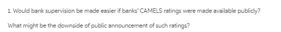 1 Would bank supervision be made easier if banks' CAMELS ratings were made available publicly?
What might be the downside of public announcement of such ratings?
