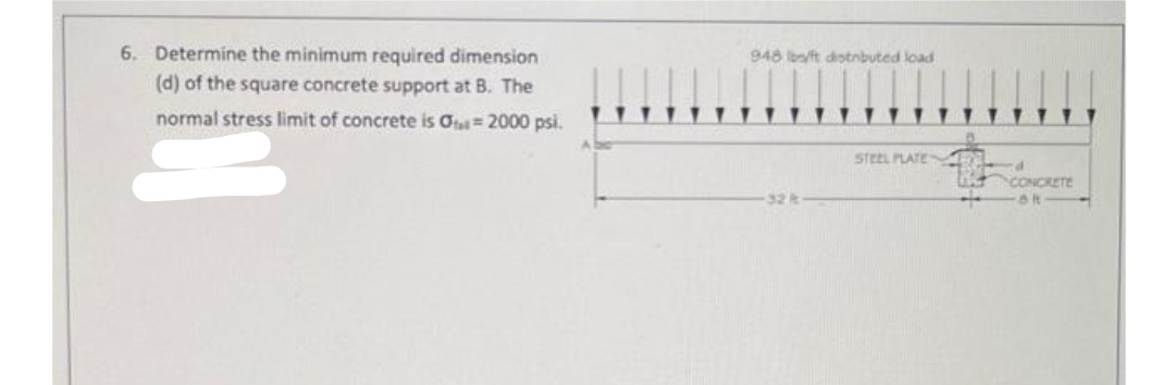 6. Determine the minimum required dimension
948 b/ft distnbuted load
(d) of the square concrete support at B. The
normal stress limit of concrete is Ot=2000 psi.
STEEL PLATE
CONCRETE
32k
at
