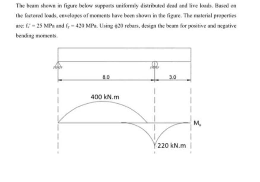 The beam shown in figure below supports uniformly distributed dead and live loads. Based on
the factored loads, envelopes of moments have been shown in the figure. The material properties
are: f = 25 MPa and fy 420 MPa. Using 620 rebars, design the beam for positive and negative
bending moments.
8.0
3.0
400 kN.m
M,
220 kN.m |
