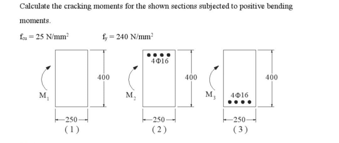 Calculate the cracking moments for the shown sections subjected to positive bending
moments.
fcu 25 N/mm²
M₁
-250
(1)
= 240 N/mm²
fy=
400
M₂
4016
-250
(2)
400
M3
4016
-250-
(3)
400