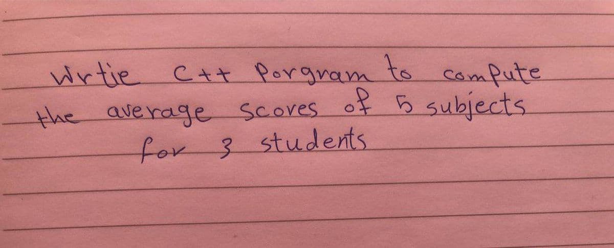 wrtie C+t Porgnam to campute
the average Scoves of 5 subjects
for 3 students
