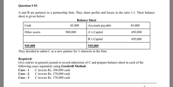 Question # 03
A and B are partners in a partnership firm. They share profits and losses in the ratio 1:1. Their balance
sheet is given below:
Balance Sheet
Accounts payable
A's Capital
Cash
45,000
45,000
Other assets
900,000
450,000
B's Capital
450,000
945,000
945.000
They decided to admit C as a new partner for 4 interests in the firm.
Required:
Give entries in general journal to record admission of C and prepare balance sheet in cach of the
following cases separately using Goodwill Method.
C invests Rs. 300,000 cash
C invests Rs. 270,000 cash
C invests Rs. 378,000 cash
Case - 1
Case - 2
Case - 3
