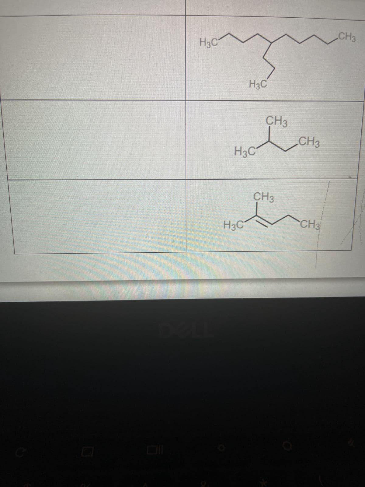 This image contains three structural diagrams of different organic molecules, likely alkanes based on their structures. These diagrams show the skeletal formulas of the molecules, indicating the arrangement of carbon (C) and hydrogen (H) atoms.

1. **First Molecule (Top)**
   - The molecule depicted has a backbone of seven carbon atoms with single bonds.
   - The structure includes:
     - A branching carbon fourth from the left, adding a methyl group (CH₃).
     - The molecular formula can be interpreted as C₈H₁₈.
   - This structure represents 3-methylheptane.

2. **Second Molecule (Middle)**
   - The molecule illustrated has a backbone of four carbon atoms.
   - The structure includes:
     - A branching carbon second from the left with two methyl groups (CH₃) attached.
     - The molecular formula can be interpreted as C₆H₁₄.
   - This structure represents 2,2-dimethylbutane.

3. **Third Molecule (Bottom)**
   - The molecule shown has a backbone of five carbon atoms.
   - The structure includes:
     - A branching carbon second from the left with one methyl group (CH₃).
     - The molecular formula can be interpreted as C₆H₁₄.
   - This structure represents 2-methylpentane.

Each diagram is drawn within a box to clearly demarcate the different structures. The image quality indicates it was captured from a screen (likely a computer) showing an educational, chemistry-related topic. These structural formulas help in understanding the isomeric relationships between different hydrocarbons and their systematic naming based on IUPAC nomenclature rules.