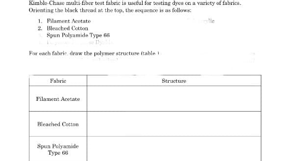 Kimble-Chase multi-fiber test fabric is useful for testing dyes on a variety of fabrics.
Orienting the black thread at the top, the sequence is as follows:
1. Filament Acetate
2. Bleached Cotton
3. Spun Polyamide Type 66
se Dyable
For each fabric, draw the polymer structure (table 1
Fabric
Filament Acetate
Bleached Cotton
Spun Polyamide
Type 66
Structure.
crylic