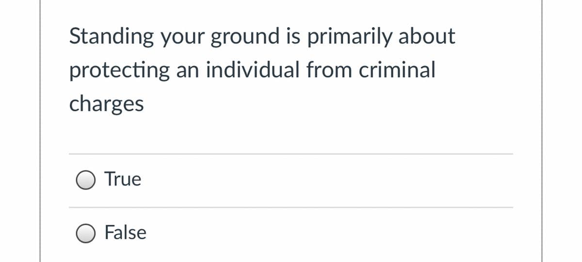 Standing your ground is primarily about
protecting an individual from criminal
charges
O True
O False
