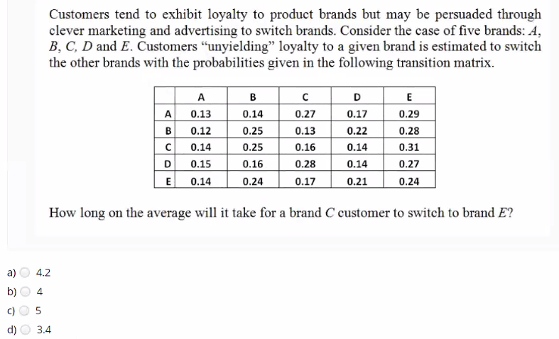 a)
☎
U
Customers tend to exhibit loyalty to product brands but may be persuaded through
clever marketing and advertising to switch brands. Consider the case of five brands: A,
B, C, D and E. Customers "unyielding" loyalty to a given brand is estimated to switch
the other brands with the probabilities given in the following transition matrix.
10
4.2
A
B
с
D
E
3.4
A
0.13
0.12
0.14
0.15
0.14
B
0.14
0.25
0.25
0.16
0.24
с
0.27
0.13
0.16
0.28
0.17
D
0.17
0.22
0.14
0.14
0.21
E
0.29
0.28
How long on the average will it take for a brand C customer to switch to brand E?
0.31
0.27
0.24