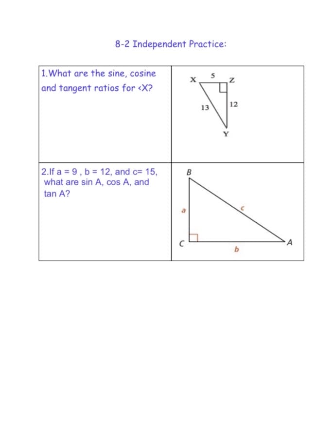 8-2 Independent Practice:
|1.What are the sine, cosine
and tangent ratios for <X?
5
|12
13
2.lf a = 9 , b = 12, and c= 15,
what are sin A, cos A, and
tan A?
