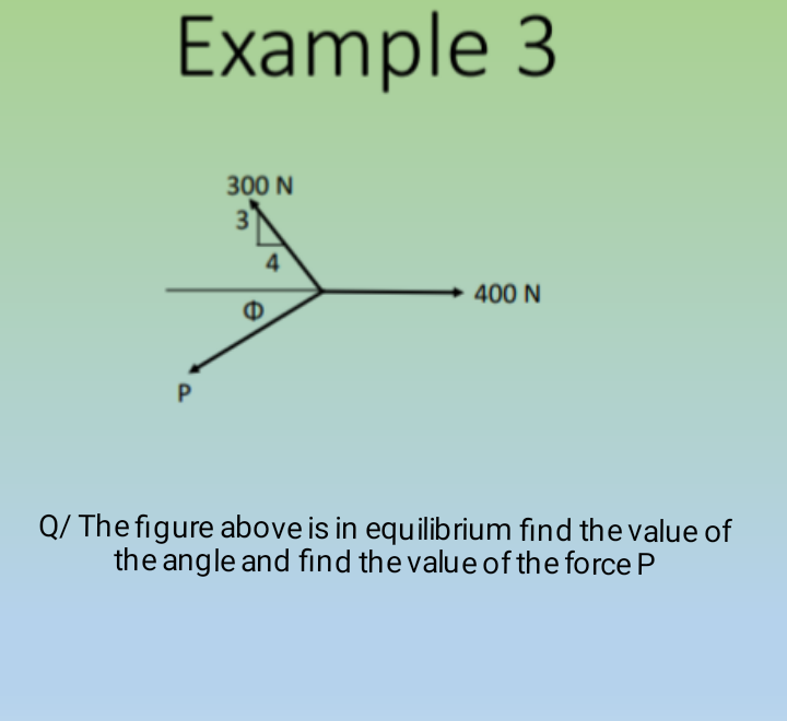 Example 3
300 N
3
4
400 N
P
Q/ The figure above is in equilibrium find the value of
the angle and find the value of the force P
e