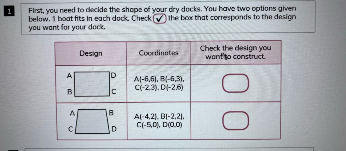 First, you need to decide the shape of your dry docks. You have two options given
below. 1 boat fits in each dock. Check
1
the box that corresponds to the design
you want for
your dock.
Check the design you
want to construct.
Design
Coordinates
A
A(-6,6), B(-6,3),
C(-2,3), D(-2,6)
C
A
A(-4,2), B(-2,2),
C(-5,0), D(0,0)
01
