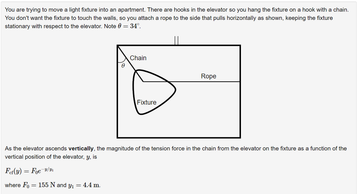 You are trying to move a light fixture into an apartment. There are hooks in the elevator so you hang the fixture on a hook with a chain.
You don't want the fixture to touch the walls, so you attach a rope to the side that pulls horizontally as shown, keeping the fixture
stationary with respect to the elevator. Note 0 = 34°.
Chain
Rope
Fixture
As the elevator ascends vertically, the magnitude of the tension force in the chain from the elevator on the fixture as a function of the
vertical position of the elevator, y, is
Fef (y) = Foe y/yı
where Fo = 155 N and y1 = 4.4 m.
