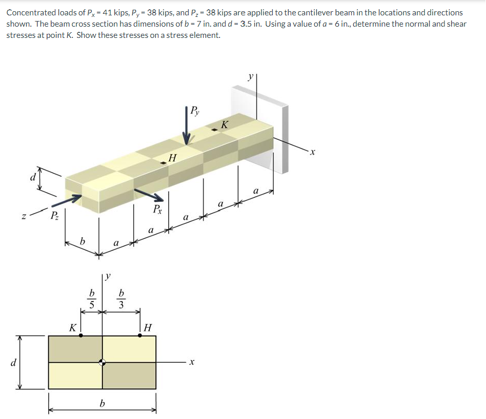 Concentrated loads of Px = 41 kips, Py = 38 kips, and P₂ = 38 kips are applied to the cantilever beam in the locations and directions
shown. The beam cross section has dimensions of b = 7 in. and d = 3.5 in. Using a value of a = 6 in., determine the normal and shear
stresses at point K. Show these stresses on a stress element.
d
N
P₂
K
b
b
5
b
a
6/3
b
Px
a
H
H
a
Py
X
K
a
a