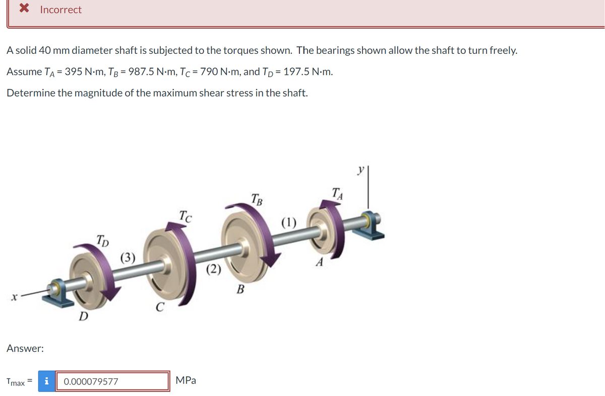 X Incorrect
A solid 40 mm diameter shaft is subjected to the torques shown. The bearings shown allow the shaft to turn freely.
Assume T₁ = 395 N·m, TB = 987.5 N·m, Tc = 790 N·m, and Tô = 197.5 N.m.
Determine the magnitude of the maximum shear stress in the shaft.
Answer:
Tmax
D
TD
0.000079577
(3)
C
Tc
MPa
(2)
B
TB
(1)
TA