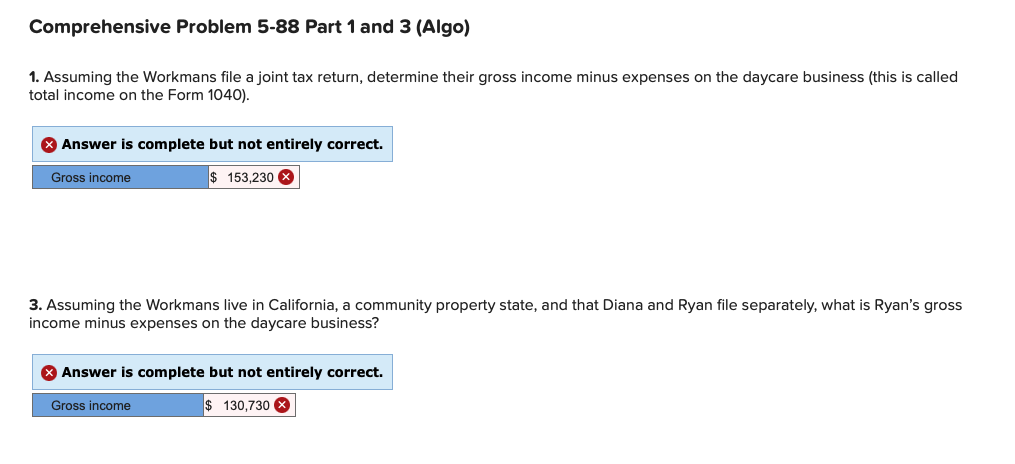 Comprehensive Problem 5-88 Part 1 and 3 (Algo)
1. Assuming the Workmans file a joint tax return, determine their gross income minus expenses on the daycare business (this is called
total income on the Form 1040).
Answer is complete but not entirely correct.
$ 153,230
Gross income
3. Assuming the Workmans live in California, a community property state, and that Diana and Ryan file separately, what is Ryan's gross
income minus expenses on the daycare business?
X Answer is complete but not entirely correct.
$130,730
Gross income