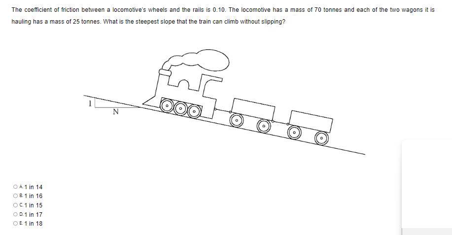 The coefficient of friction between a locomotive's wheels and the rails is 0.10. The locomotive has a mass of 70 tonnes and each of the two wagons it is
hauling has a mass of 25 tonnes. What is the steepest slope that the train can climb without slipping?
O A. 1 in 14
OB. 1 in 16
C1 in 15
O D. 1 in 17
○ E. 1 in 18
N