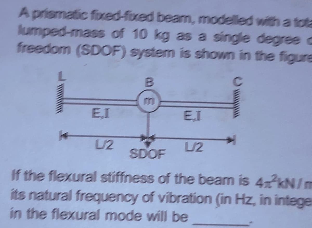 A prismatic fixed-fixed beam, modelled with a tota
lumped-mass of 10 kg as a single degree c
freedom (SDOF) system is shown in the figure
E,I
E.I
L/2
L/2
SDOF
If the flexural stiffness of the beam is 4kN/m
its natural frequency of vibration (in Hz, in integer
in the flexural mode will be
