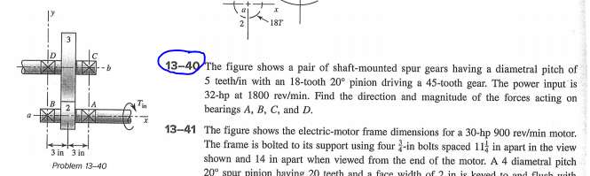 187
13-40 The figure shows a pair of shaft-mounted spur gears having a diametral pitch of
5 teeth/in with an 18-tooth 20° pinion driving a 45-tooth gear. The power input is
32-hp at 1800 rev/min. Find the direction and magnitude of the forces acting on
bearings A, B, C, and D.
13-41 The figure shows the electric-motor frame dimensions for a 30-hp 900 rev/min motor.
The frame is bolted to its support using four -in bolts spaced 11 in apart in the view
shown and 14 in apart when viewed from the end of the motor. A 4 diametral pitch
20° spur pinion having 20 teeth and a face width of 2 in is keved to and fluch with
3 in 3 in
Problem 13-40
