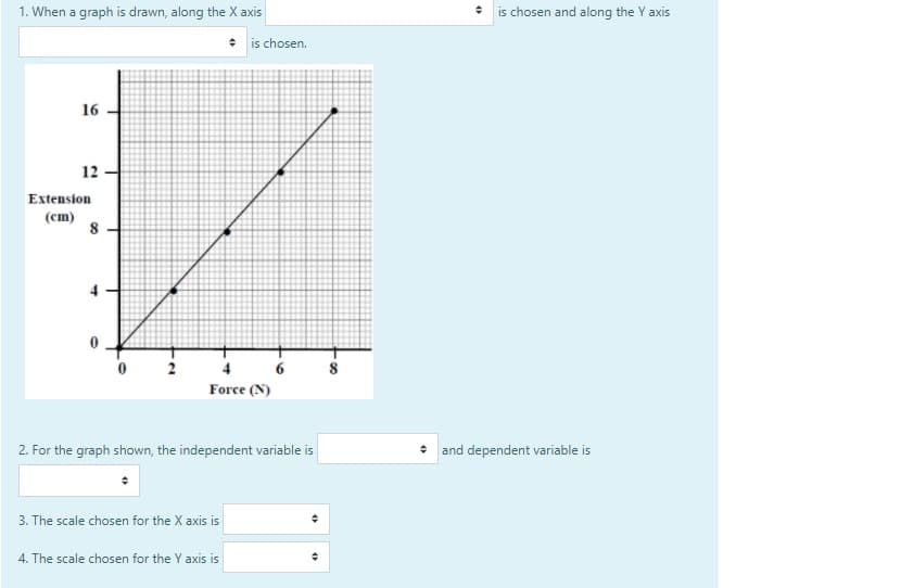 1. When a graph is drawn, along the X axis
* is chosen and along the Y axis
is chosen.
16
12
Extension
(cm)
8
8
Force (N)
2. For the graph shown, the independent variable is
and dependent variable is
3. The scale chosen for the X axis is
4. The scale chosen for the Y axis is
6.
