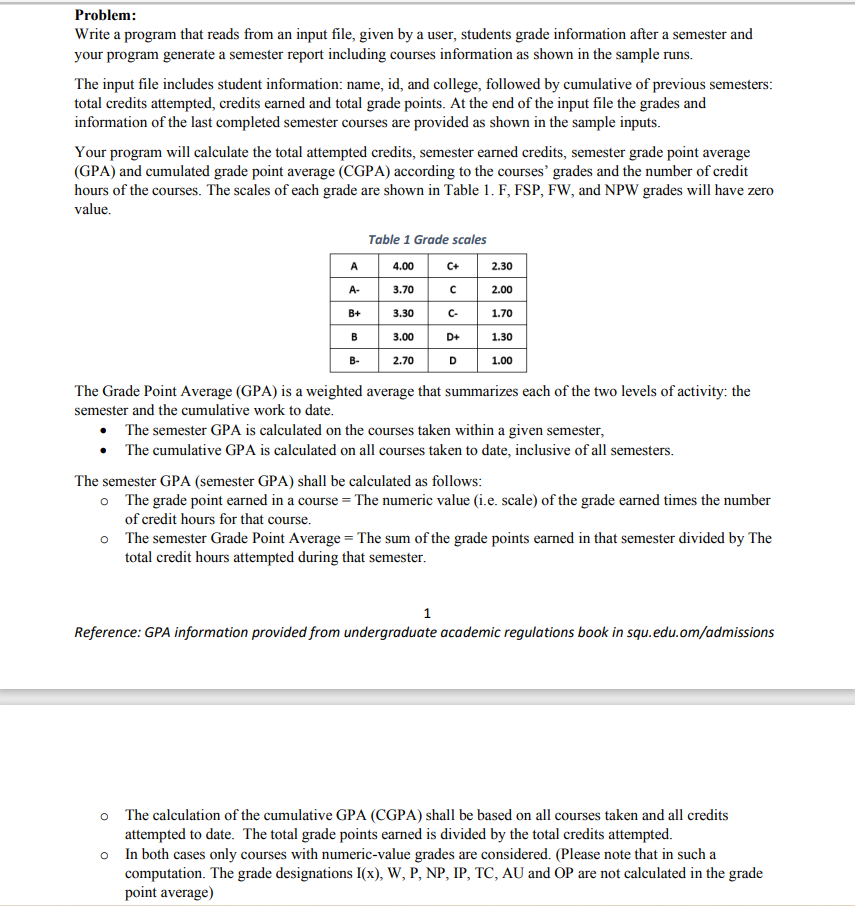 Problem:
Write a program that reads from an input file, given by a user, students grade information after a semester and
your program generate a semester report including courses information as shown in the sample runs.
The input file includes student information: name, id, and college, followed by cumulative of previous semesters:
total credits attempted, credits earned and total grade points. At the end of the input file the grades and
information of the last completed semester courses are provided as shown in the sample inputs.
Your program will calculate the total attempted credits, semester earned credits, semester grade point average
(GPA) and cumulated grade point average (CGPA) according to the courses' grades and the number of credit
hours of the courses. The scales of each grade are shown in Table 1. F, FSP, FW, and NPW grades will have zero
value.
Table 1 Grade scales
A
4.00
C+
2.30
A-
3.70
2.00
B+
3.30
C-
1.70
3.00
D+
1.30
B-
2.70
D
1.00
The Grade Point Average (GPA) is a weighted average that summarizes each of the two levels of activity: the
semester and the cumulative work to date.
• The semester GPA is calculated on the courses taken within a given semester,
The cumulative GPA is calculated on all courses taken to date, inclusive of all semesters.
The semester GPA (semester GPA) shall be calculated as follows:
o The grade point earned in a course = The numeric value (i.e. scale) of the grade earned times the number
of credit hours for that course.
o The semester Grade Point Average = The sum of the grade points earned in that semester divided by The
total credit hours attempted during that semester.
Reference: GPA information provided from undergraduate academic regulations book in squ.edu.om/admissions
o The calculation of the cumulative GPA (CGPA) shall be based on all courses taken and all credits
attempted to date. The total grade points earned is divided by the total credits attempted.
In both cases only courses with numeric-value grades are considered. (Please note that in such a
computation. The grade designations I(x), W, P, NP, IP, TC, AU and OP are not calculated in the grade
point average)
