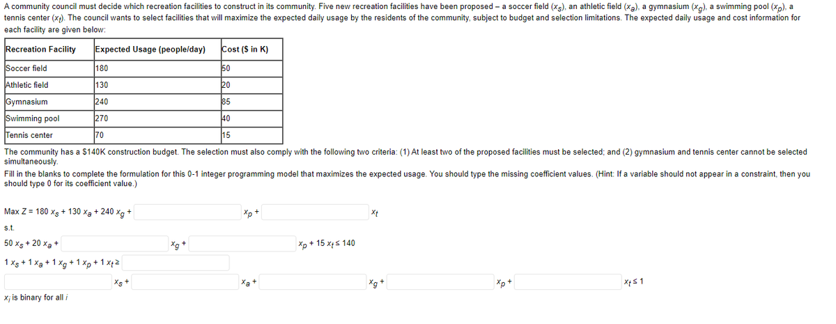 A community council must decide which recreation facilities to construct in its community. Five new recreation facilities have been proposed – a soccer field (xs), an athletic field (Xa), a gymnasium (xg), a swimming pool (xp), a
tennis center (x;). The council wants to select facilities that will maximize the expected daily usage by the residents of the community, subject to budget and selection limitations. The expected daily usage and cost information for
each facility are given below:
Recreation Facility
Expected Usage (people/day)
Cost ($ in K)
Soccer field
180
50
Athletic field
130
20
Gymnasium
240
85
Swimming pool
270
40
Tennis center
70
15
The community has a $140K construction budget. The selection must also comply with the following two criteria: (1) At least two of the proposed facilities must be selected; and (2) gymnasium and tennis center cannot be selected
simultaneously.
Fill in the blanks to complete the formulation for this 0-1 integer programming model that maximizes the expected usage. You should type the missing coefficient values. (Hint: If a variable should not appear in a constraint, then you
should type 0 for its coefficient value.)
Max Z = 180 Xg + 130 xa + 240 xg +
0 xg*
Xp +
st.
50 xs + 20 xa +
Xg +
Xp + 15 x4s 140
1 xs + 1 xa + 1 xg + 1 xp + 1 x2
Xs+
Xa+
Xg+
Xp+
X; is binary for all i
