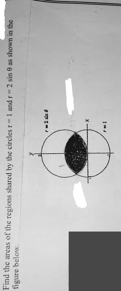 Find the areas of the regions shared by the circles r=
figure below.
1 and r 2 sin 0 as shown in the
r =2 sin 8
