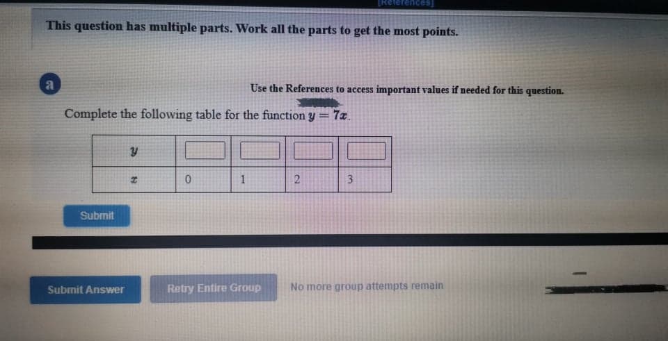 eTerences)
This question has multiple parts. Work all the parts to get the most points.
Use the References to access important values if needed for this question.
Complete the following table for the function y= 7x.
1
3
Submit
Submit Answer
Retry Entire Group
No more group attempts remain
