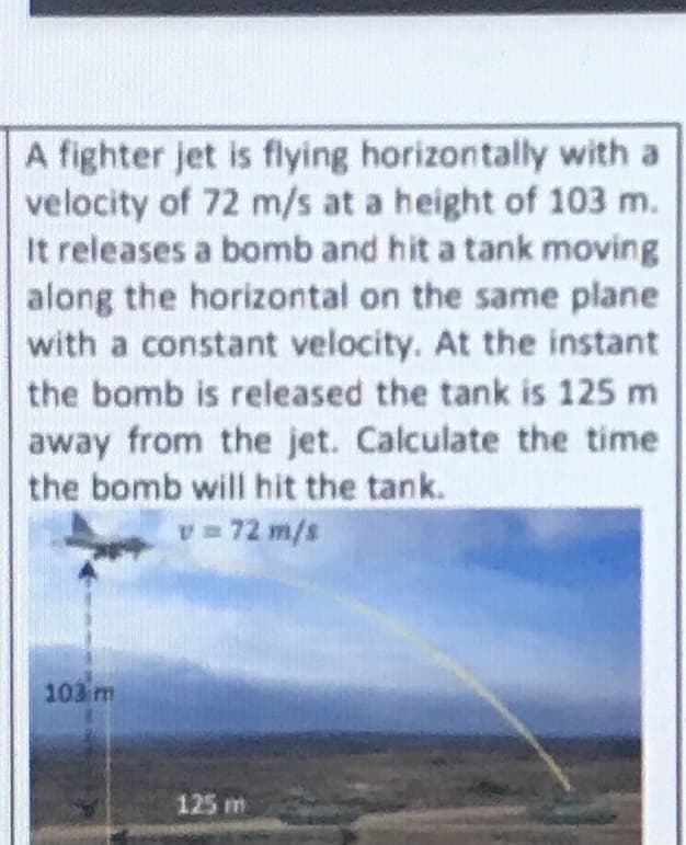 A fighter jet is flying horizontally with a
velocity of 72 m/s at a height of 103 m.
It releases a bomb and hit a tank moving
along the horizontal on the same plane
with a constant velocity. At the instant
the bomb is released the tank is 125 m
away from the jet. Calculate the time
the bomb will hit the tank.
v = 72 m/s
103 m
125 m
