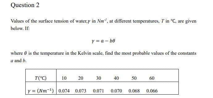 Question 2
Values of the surface tension of water,y in Nm", at different temperatures, T in °C, are given
below. If:
y = a – be
where 0 is the temperature in the Kelvin scale, find the most probable values of the constants
a and b.
T(°C)
10
20
30
40
50
60
y = (Nm-1) 0.074 0.073
0.071
0.070
0.068
0.066
