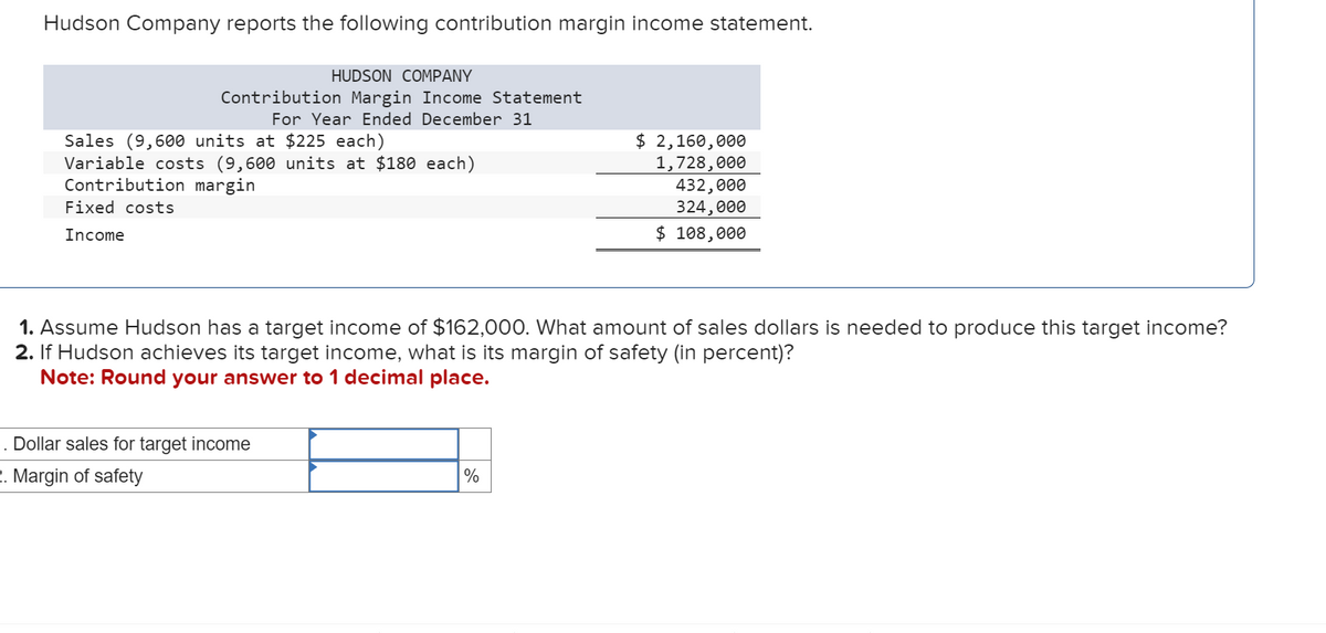 Hudson Company reports the following contribution margin income statement.
HUDSON COMPANY
Contribution Margin Income Statement
For Year Ended December 31
Sales (9,600 units at $225 each)
Variable costs (9,600 units at $180 each)
Contribution margin
Fixed costs
Income
1. Assume Hudson has a target income of $162,000. What amount of sales dollars is needed to produce this target income?
2. If Hudson achieves its target income, what is its margin of safety (in percent)?
Note: Round your answer to 1 decimal place.
. Dollar sales for target income
2. Margin of safety
$ 2,160,000
1,728,000
432,000
324,000
$ 108,000
%