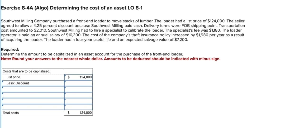 Exercise 8-4A (Algo) Determining the cost of an asset LO 8-1
Southwest Milling Company purchased a front-end loader to move stacks of lumber. The loader had a list price of $124,000. The seller
agreed to allow a 4.25 percent discount because Southwest Milling paid cash. Delivery terms were FOB shipping point. Transportation
cost amounted to $2,010. Southwest Milling had to hire a specialist to calibrate the loader. The specialist's fee was $1,180. The loader
operator is paid an annual salary of $10,300. The cost of the company's theft insurance policy increased by $1,980 per year as a result
of acquiring the loader. The loader had a four-year useful life and an expected salvage value of $7,200.
Required:
Determine the amount to be capitalized in an asset account for the purchase of the front-end loader.
Note: Round your answers to the nearest whole dollar. Amounts to be deducted should be indicated with minus sign.
Costs that are to be capitalized:
List price
Less: Discount
$
124,000
Total costs
$
124,000